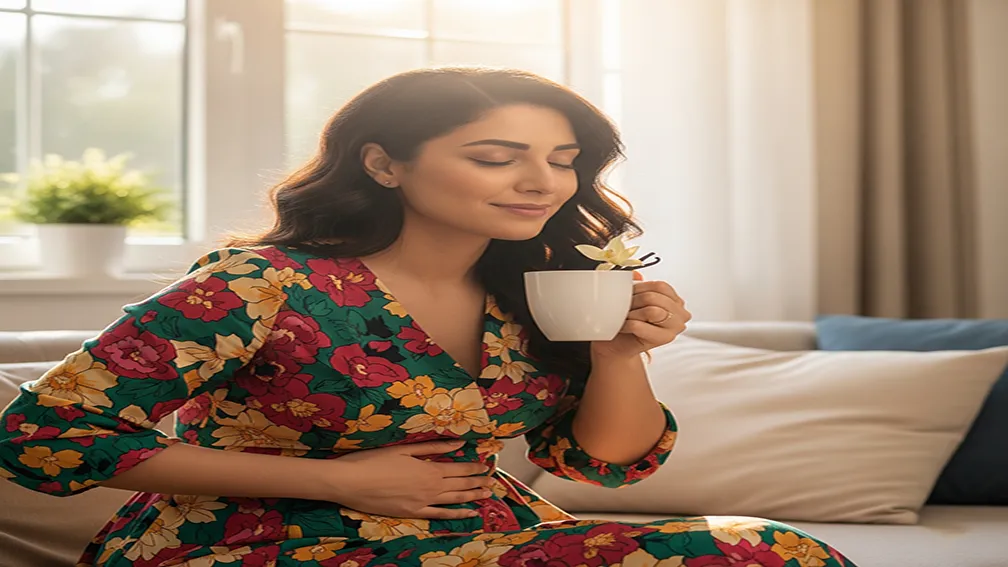 زن خانه دار در حال نوشیدن دم نوش وانیل برای تسکین معده درد
