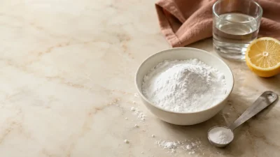 پودر جوش شیرین خوراکی در کاسه سفید همراه با قاشق اندازه‌گیری و لیمو