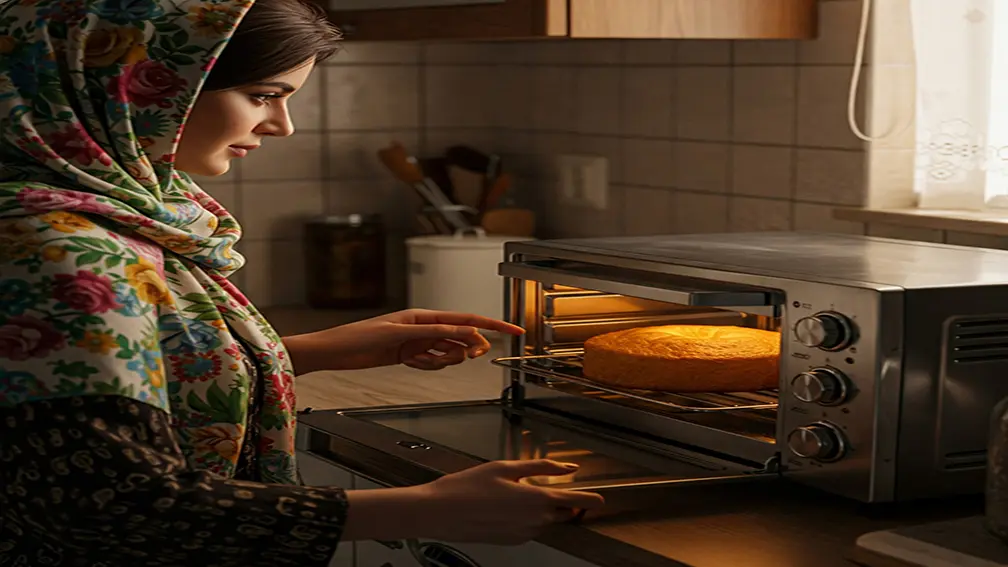 عکس یک خانم در حال چک کردن کیک در توستر