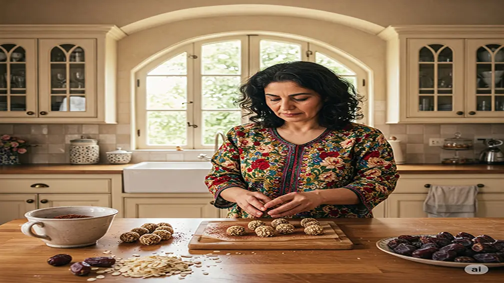 تصویر یک خانم در یک آشپزخانه لوکس در حال آماده سازی ترافل های خرمایی خانگی