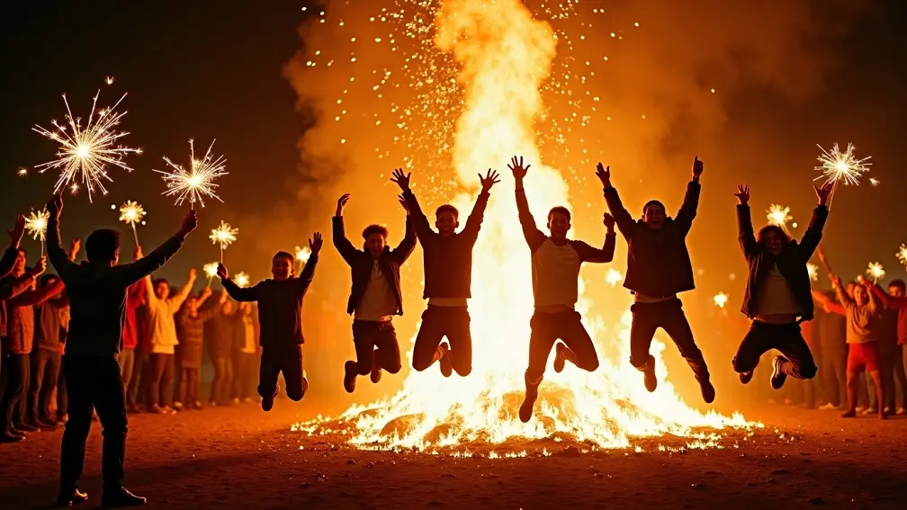 عکس افراد زیادی در حال پریدن از آتش در جشن چهارشنبه سوری همراه با فشفشه های دستی و آبشاری