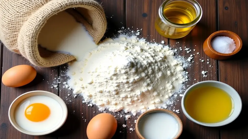 تصویر مواد لازم برای پخت کیک، آرد نانوایی، تخم مرغ،روغن، نمک