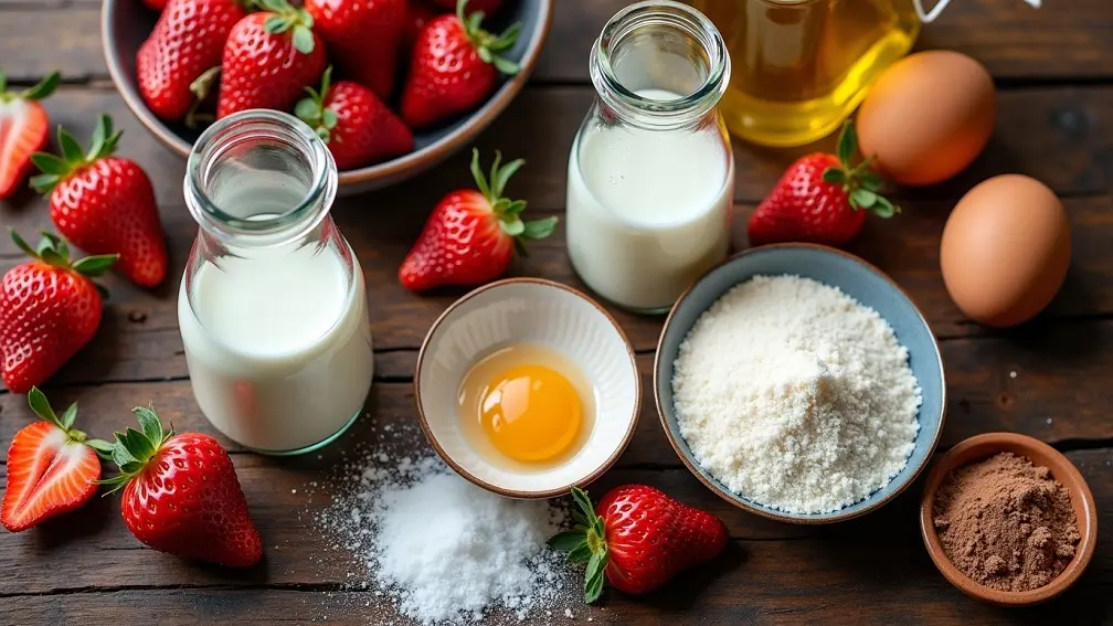 عکس مواد لازم برای پخت کیک خیس با طعم توت فرنگی