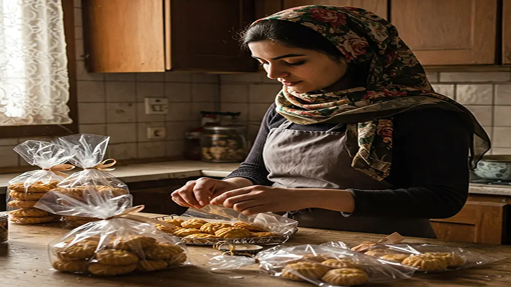 عکس یک خانم در حال بسته بندی شیرینی و کوکی در آشپزخانه