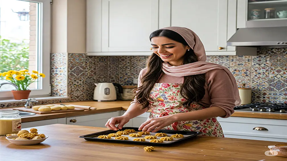 تصویر یک خانم در حال چیدن کوکی در سینی فر