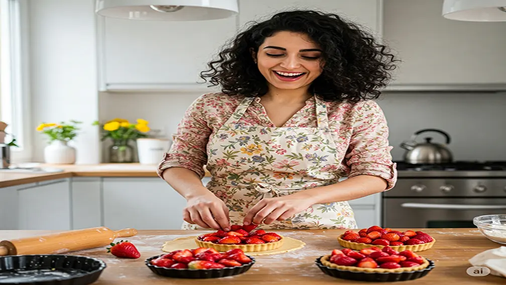 عکس یک خانم در آشپزخانه در حال پخت کیک لوکس با مواد اولیه ساده و توت فرنگی
