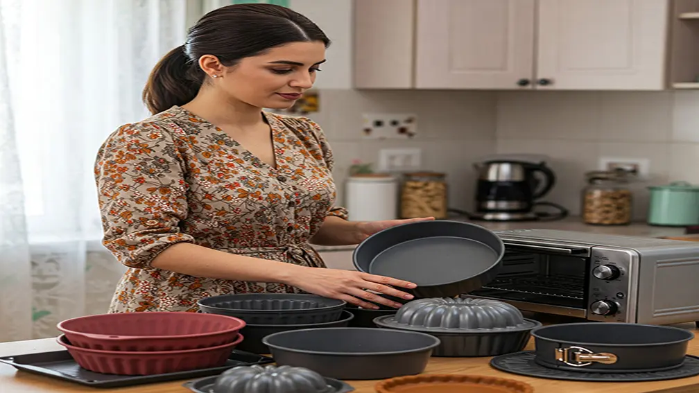 تصویر یک خانم در حال انتخاب قالب کیک مناسب برای پخت کیک در توستر