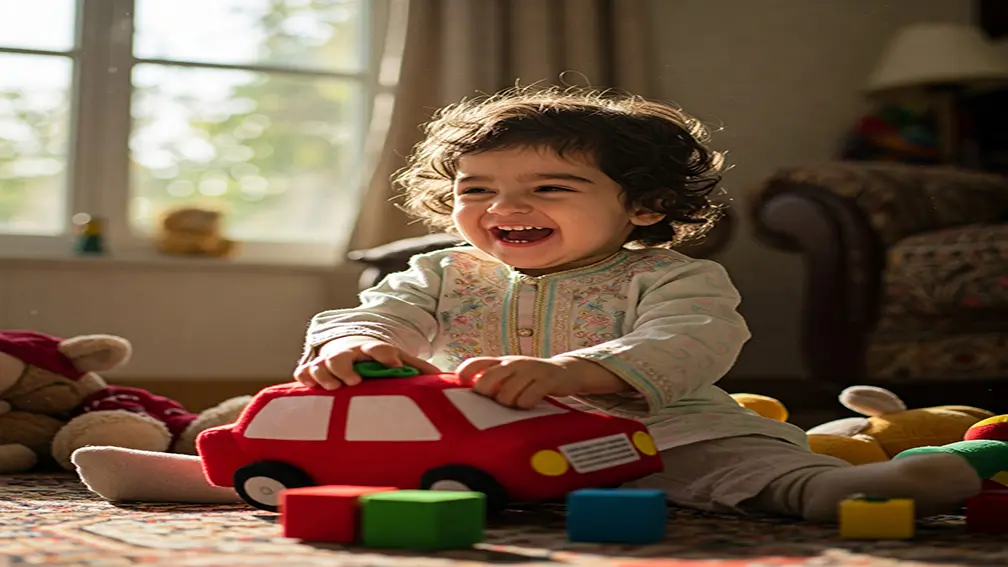 عکس بازی بچه با ماشین پارچه ای
