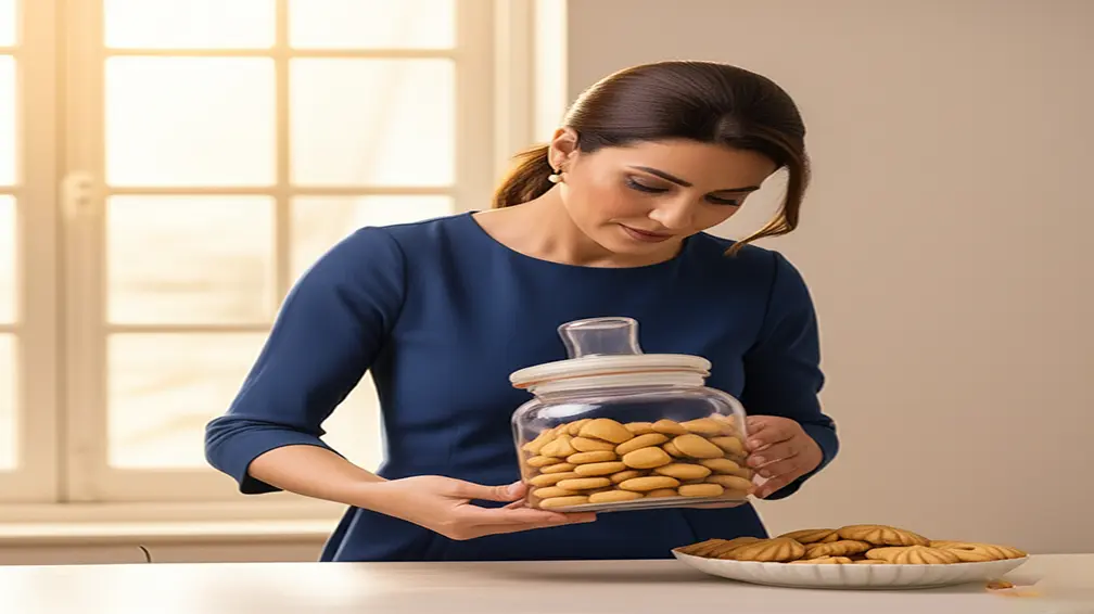 تصویر یک خانم در حال چیدن بیسکویت کره ای در ظرف