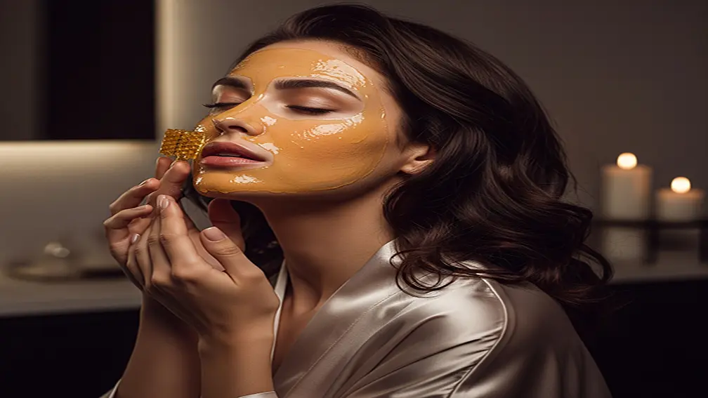 عکس خانمی که روی صورتش را با ماسک عسل و گشنیز پوشانده و در حال پخش کردن آن است