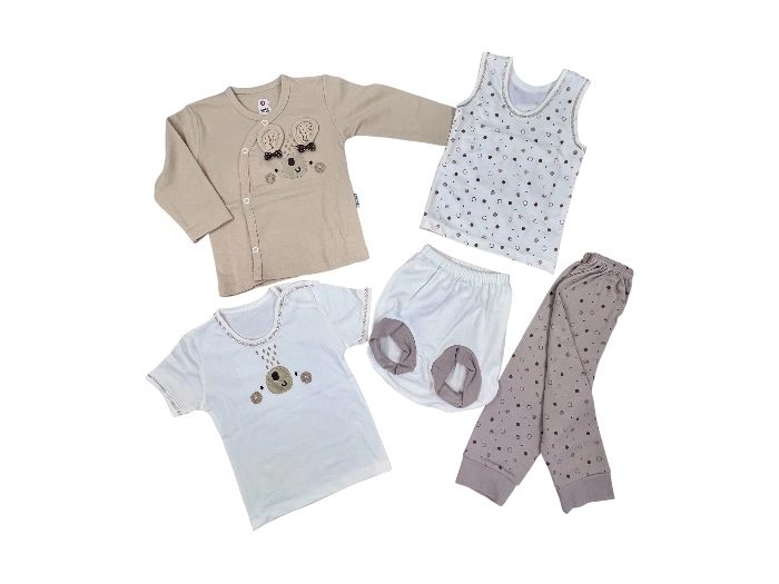 ست نوزادی 5 تکه بیبی ست مدل گوشدار کرم شلوار بلوز تیشرت شورت زیرپوش
