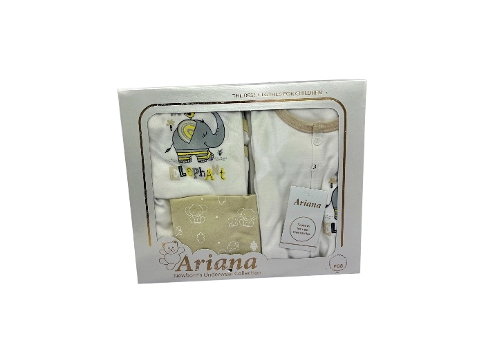 جعبه ست ۵ تکه لباس نوزاد آریانا شامل بلوز شلوار شورت زیرپوش بلوز دکمه دار