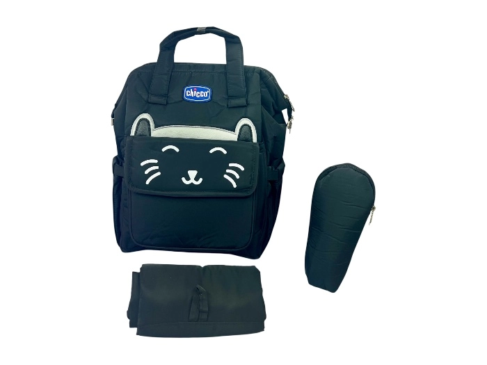 ساک لوازم کودک چیکو مدل گربه ای ضد آب رنگ مشکی دارای کیف وارمر و زیر انداز