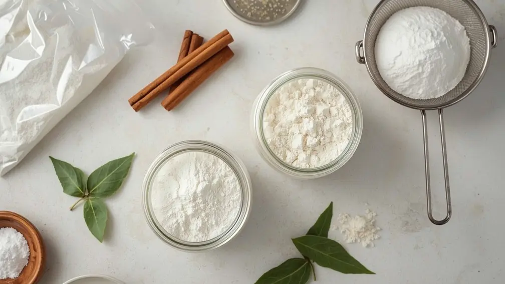 نمای بالا از دو ظرف شیشهای که با آرد الک شده پر شده و مقداری چوب دارچین و برگ بو که روی میز آشپزخانه در کنار ظرفها دیده میشود