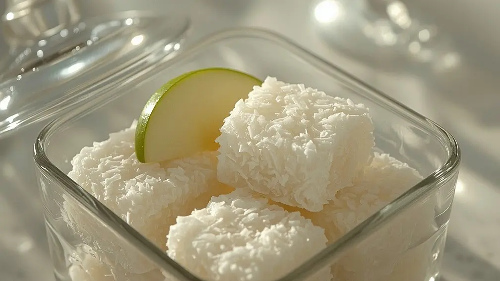 تصویر ظرف شیشهای که تعدادی شیرینی نارگیلی در آن قرار دارد. یک برش کوچک سیب در ظرف وجود دارد تا به حفظ رطوبت شیرینیها در یخچال کمک کند