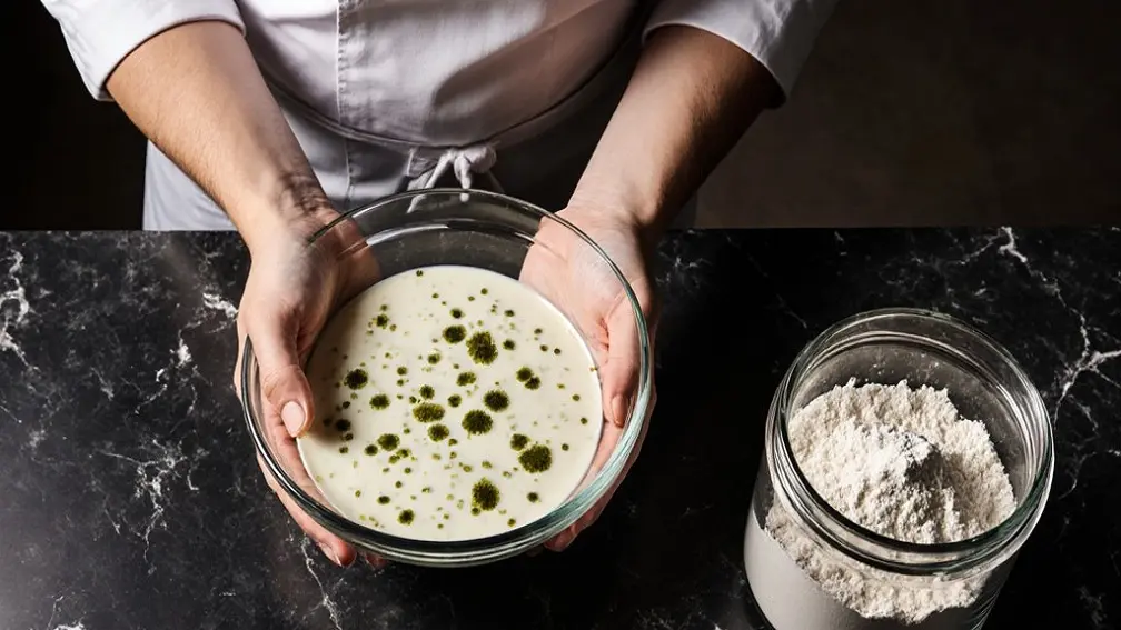 تصویر یک ظرف آرد که روی میز قرار دارد و یک ظرف خامه در دستان قناد که به دلیل روش نگهداری غلط کپک زده است