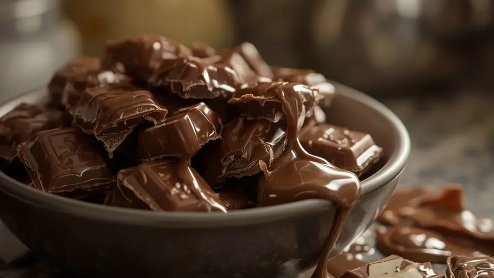 کاسهای پر از شکلات تختهای که در دمای محیط قرار گرفته و به همین دلیل شکلاتهای درون آن در حال آب شدن هستند