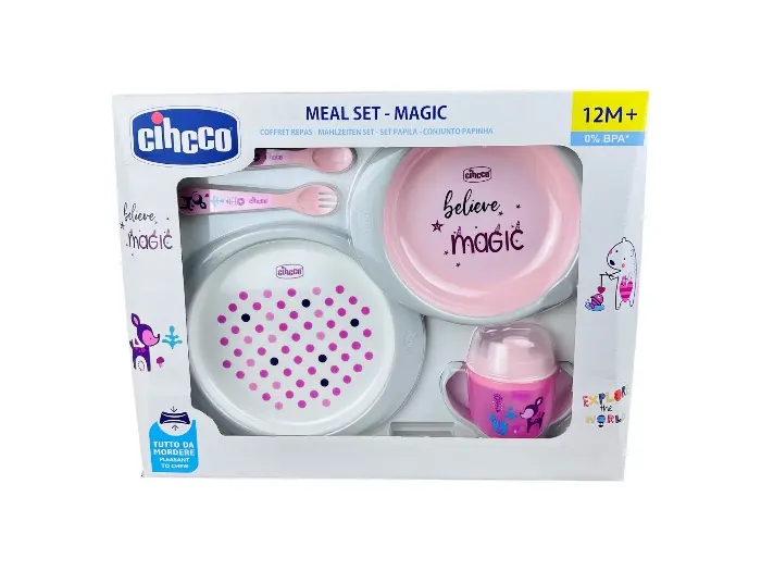 سرویس غذاخوری 5 تكه کودک چیکو استپ دار رنگ صورتی بسته بندی جعبه ای مناسب بالای 12 ماه ملامین با کیفیت