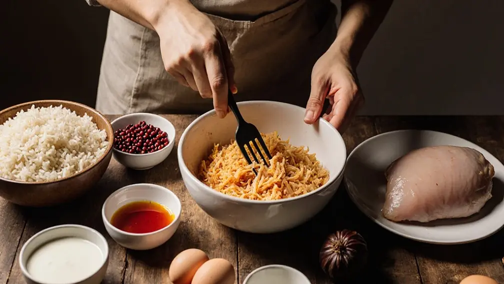 مواد لازم برای تهیه ته چین قالبی مرغ مانند سینه مرغ ریشریش شده، زعفران، برنج، تخممرغ و ماست. آشپز مشغول ریش ریش کردن تکههای مرغ است