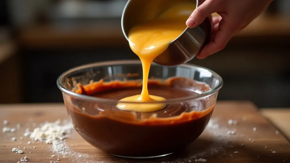 مقداری کره آب شده که توسط آشپز به مایه کیک اضافه می شود