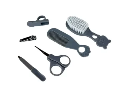 بسته بندی ست ارایشی بهداشتی نوزاد شونه برس ناخنگیر سوهان قیچی طوسی رنگ