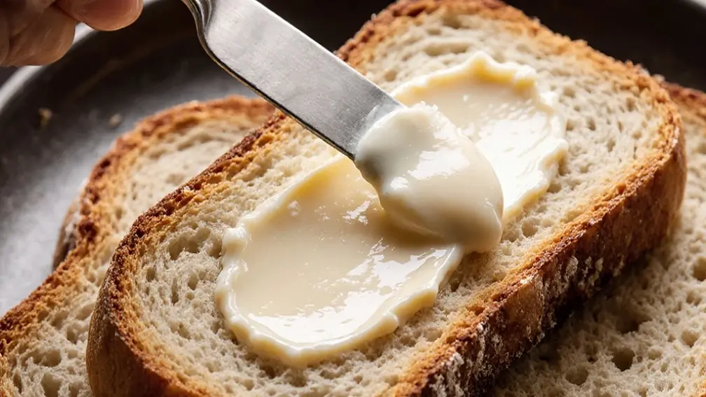 مقداری کره صبحانه یا خانگی که با چاقو روی نان تست کشیده می‌شود