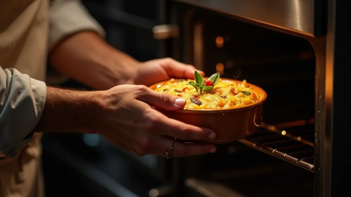 آشپزی که برنج را درون قالب ریخته، تزئین کرده و میخواهد آن را درون فر بگذارد