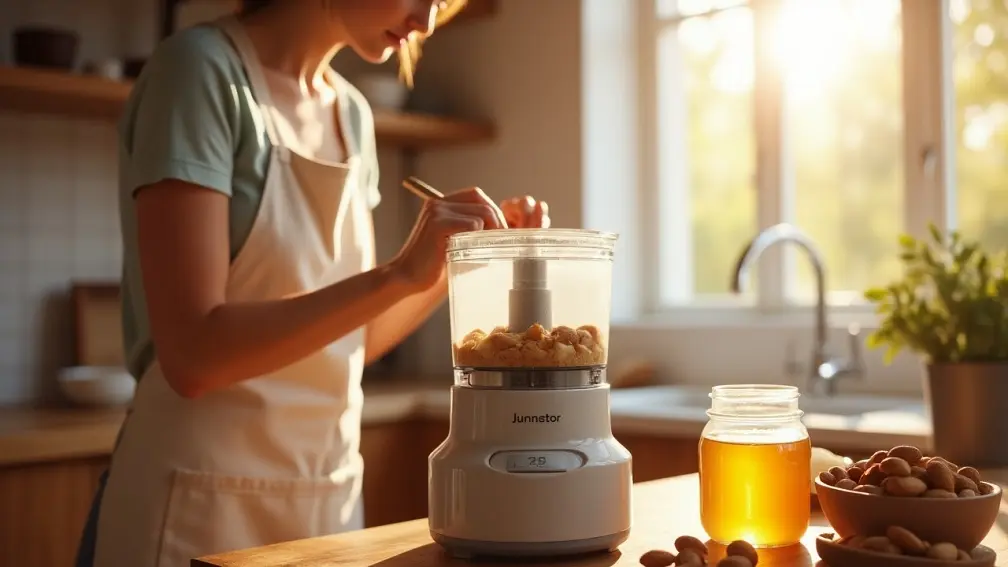 خانمی که در آشپزخانه مشغول درست کردن کره بادام است