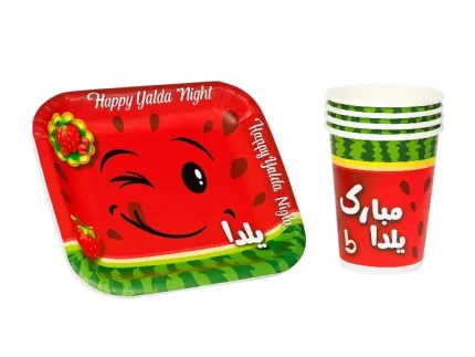ست پیش دستی و لیوان یلدا 20 عددی طرخ هندوانه قرمز و سبز