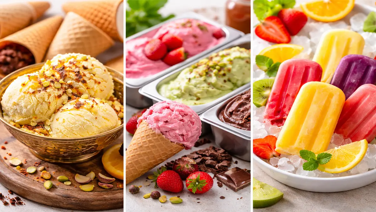 تصویر 3 مدل بستنی از سمت راست یخی؛ ژلاتو و سنتی ایرانی