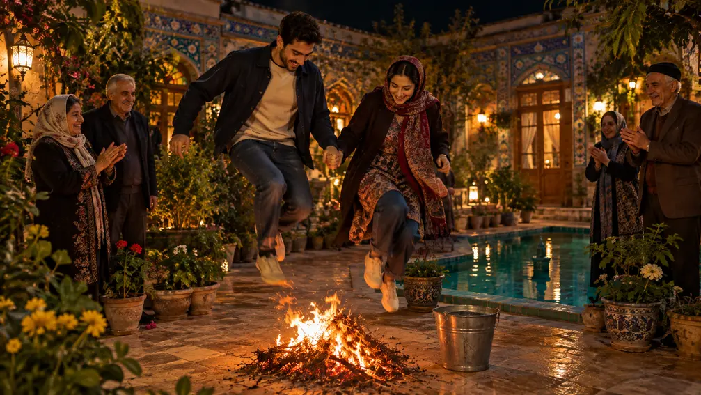 دختر و پسر ایرانی در حال پریدن از روی آتش در چهارشنبه سوری آتش بازی