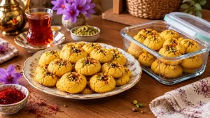 شیرینی زعفرانی رژیمی با عسل خانگی بافت لطیف و رنگ طلایی در ظرف چینی کنار چای